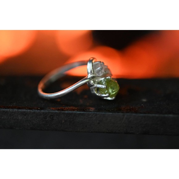 Raw Peridot and Diamond Engagement Ring,  Size 5 sterling silver - Picture 2 of 4